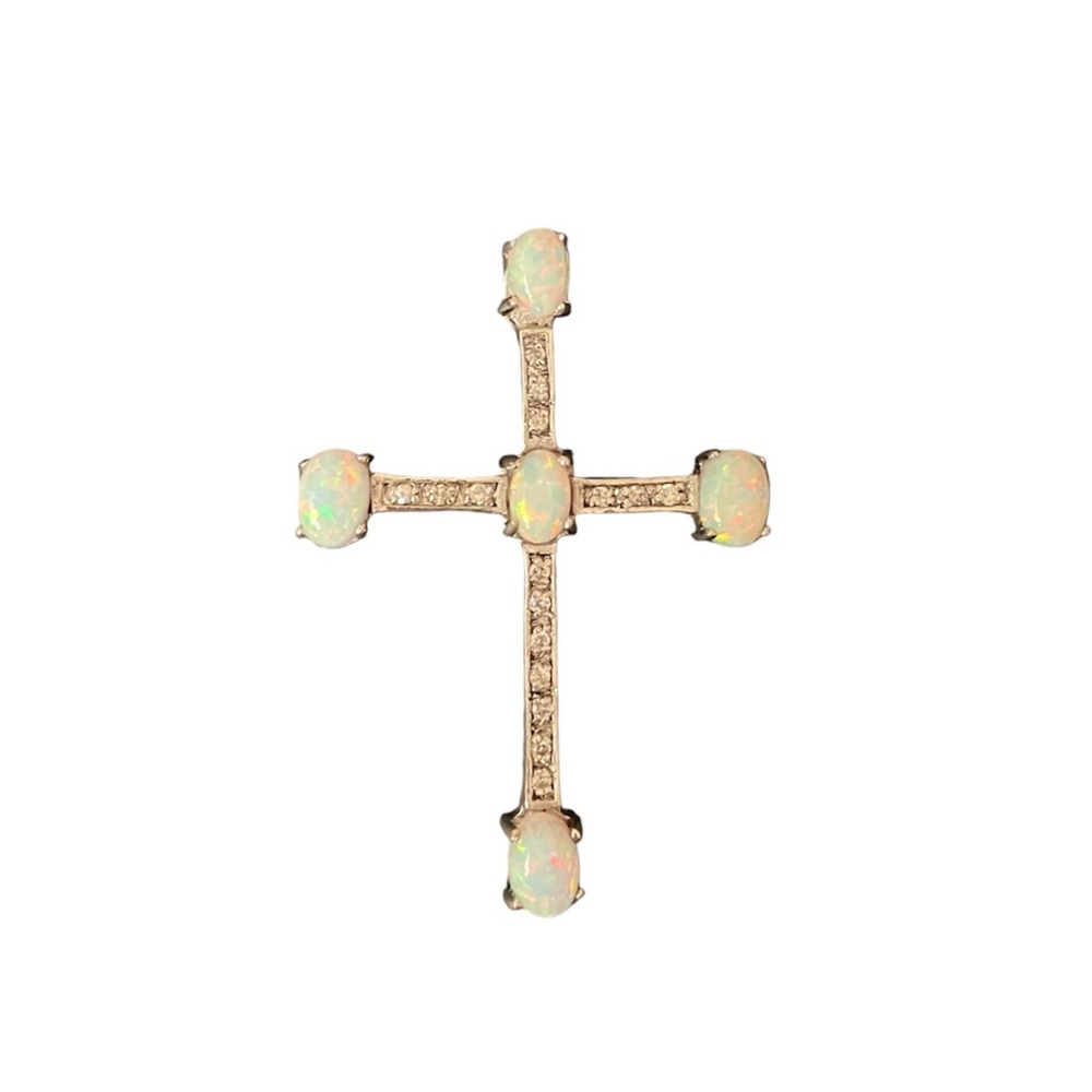 Sterling silver, lab diamonds, opal cross pendant 2 inches large beautiful piece
